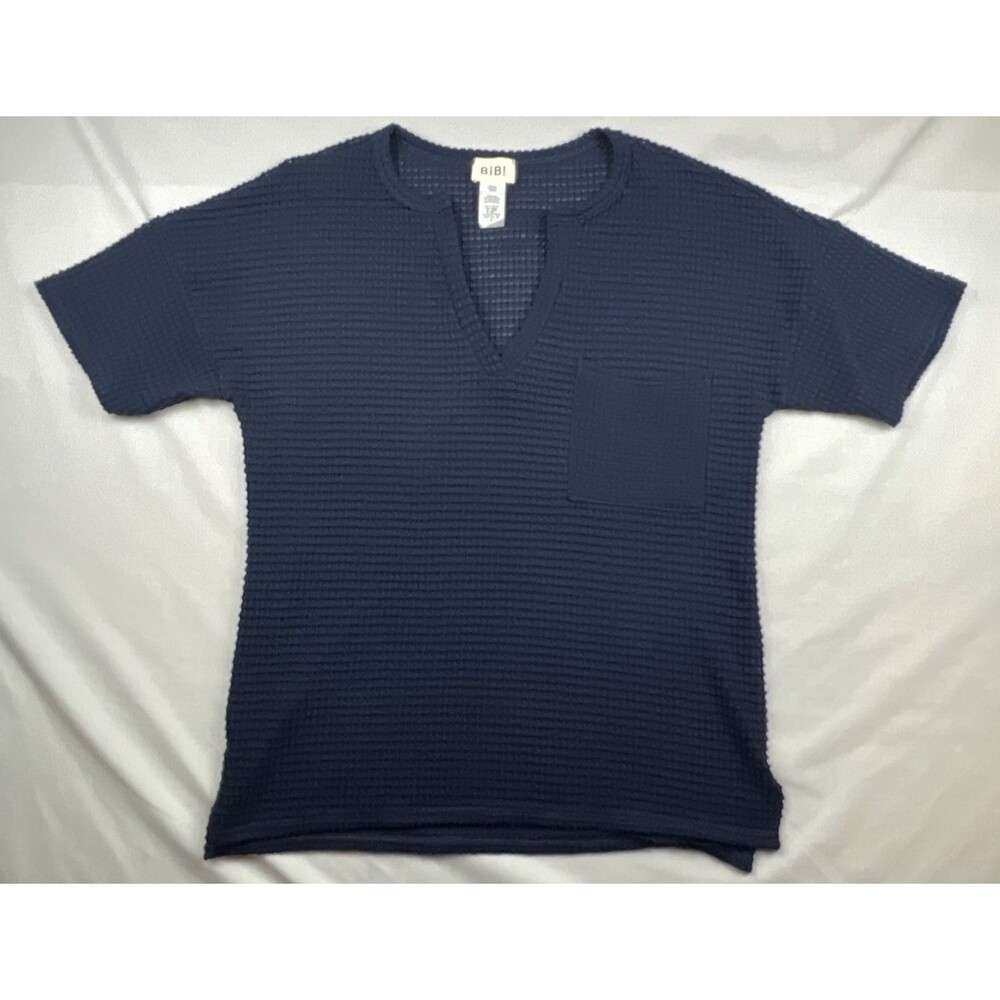 Bibi Waffle Knit Notched V-Neck Front Pocket Small